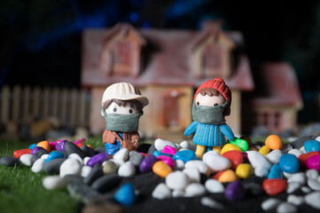 Miniature people : Merchants and citizens wearing masks to protect against viruses at the market. People wear masks to prevent New type COVID-19 pneumonia. Coronavirus and Covid-19 concept.