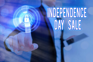 Conceptual hand writing showing Independence Day Sale. Concept meaning Anniversary Bargain...