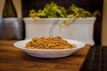 Wholemeal spaghetti with tuna and olives. Concept: Italian food, healthy food, food for diets