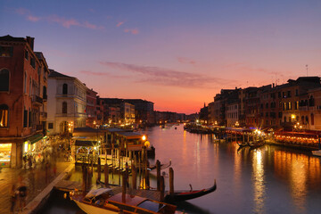Grand Canal with gondolas in Venice, Italy. Sunset view of Venice Grand Canal.