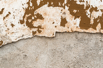 Old house wall falling apart texture background orange brown yellow white grunge space for text