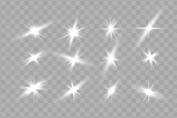 White glowing light explodes on a transparent background. Sparkling magical dust particles. Bright Star. Transparent shining sun, bright flash. Vector sparkles. To center a bright flash