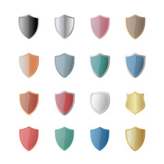 A set of sixteen multi-colored shields. Vector illustration. Isolated on white background. 