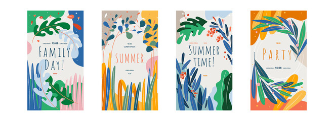 Collection of abstract poster designs. Summer party, Family Day, Summer Time. Bright Colors abstract flowers natural shapes and geometric elements. Perfect template for posters, invitations, flyers.