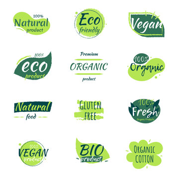 Set of product labels related to Natural, Vegan, Organic Farming and more. Healthy food badges for food market, e-commerce, restaurant, healthy life and premium quality food and drink promotion. 