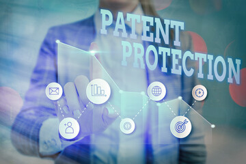 Writing note showing Patent Protection. Business concept for provides an individual or legal entity with exclusive rights