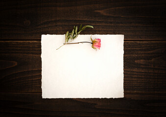 Vintage off-white paper with pretty pink dried rose on dark wood board background table.  Paper is blank for your copy, text, words or design element.