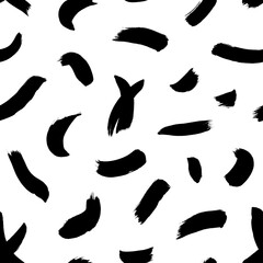 Brush strokes vector seamless pattern. Black paint freehand scribbles, wavy lines, dry brush stroke texture.