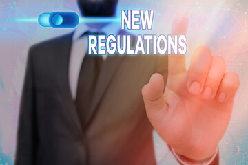 Conceptual hand writing showing New Regulations. Concept meaning latest established laws enforced...
