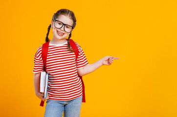 Positive schoolgirl pointing at empty space.