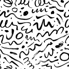 Wavy and swirled brush strokes vector seamless pattern. Black paint freehand scribbles, abstract ink background.