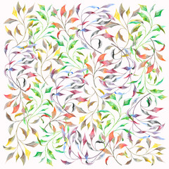 Colorful watercolor branches on white background: square floral illustration, tender hand drawn background.