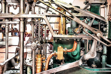 Steampunk texture made of metal pipes, levers, pistons; suckes, plungers.