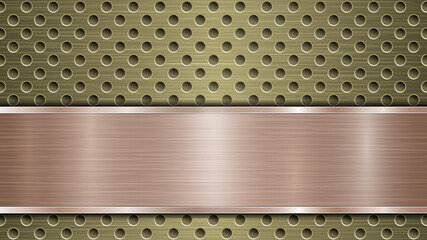 Background of golden perforated metallic surface with holes and horizontal bronze polished plate with a metal texture, glares and shiny edges