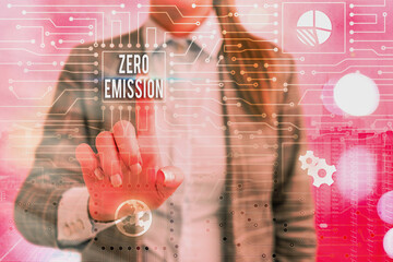 Text sign showing Zero Emission. Business photo text refers to an engine that emits no atmospheric...