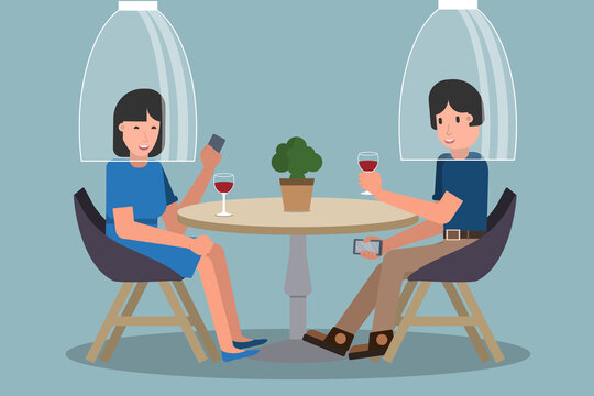 Dating in cafe after pandemic covid-19 corona virus. New normal is social distancing. Flat design stock vector concept