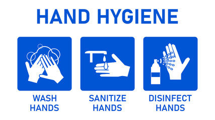 Basic Set of Hand Hygiene Symbols such as Wash Hands, Sanitize Hands and Disinfect Hands. Vector Image.