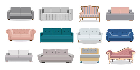 Sofa and couches colorful cartoon illustration vector set. Collection of comfortable lounge for interior design isolated on white background. Different models of settee icons. EPS