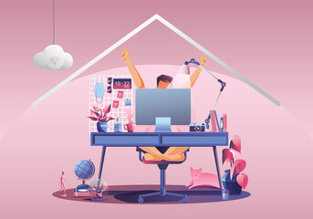 Work from home concept, Young man freelancers working on laptops at home. People at home in quarantine. Pink background front view, Staying at home vector illustration. Flat Design character