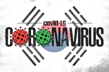 Flag of South Korea with coronavirus covid-19. Virus cells coronavirus bacteriums against background of the flag of South Korea. Coronavirus outbreak in South Korea. Quarantine. Vector illustration