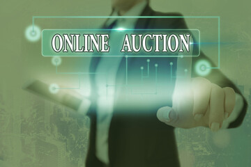 Text sign showing Online Auction. Business photo text digitized sale event which item is sold to...