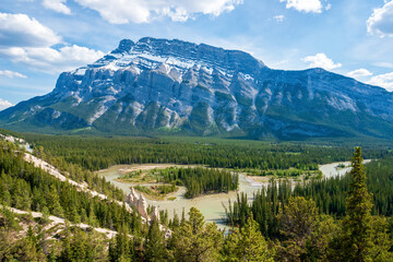 Bow River meander with Mount Rundle in the background - Banff National Park, Alberta, Canada