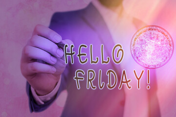 Writing note showing Hello Friday. Business concept for Let the weekend begins and time to relax and celebrate Elements of this image furnished by NASA