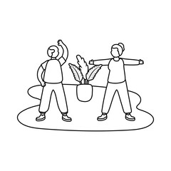 eldery couple practicing exercise in home activity line style