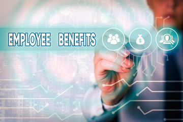 Word writing text Employee Benefits. Business photo showcasing form of compensation paid by...