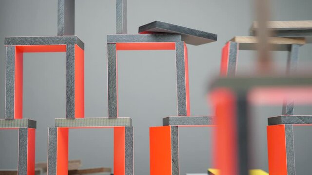 Economic crisis concept. Real estate concept. World financial crisis .due to pandemic. Relation between cause and effect. Causality concept. Model of construction made from red and yellow dominos