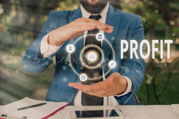 Writing note showing Profit. Business concept for the difference between the amount earned and the...