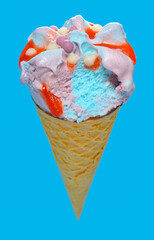 side view marshmallow and raspberry flavor ice cream cone with a bite on blue background