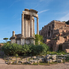 Ruins of Roman Forum, or Forum of Caesar, in Rome, Italy, panoramic image.