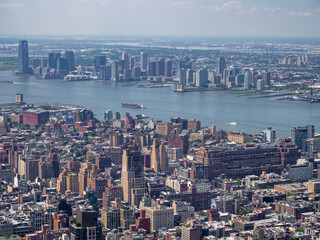 Manhattan midtown buildings and streets, Hudson River, Jersey City and New Jersey viewed from above