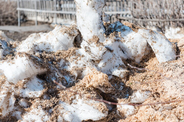 Spring is on the street. Dirty snow. Snow melts. Spring weather.