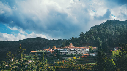 Fototapeta premium Ancient Machairas Monastery in Cyprus Mountains. Old religious mediterranean architecture.