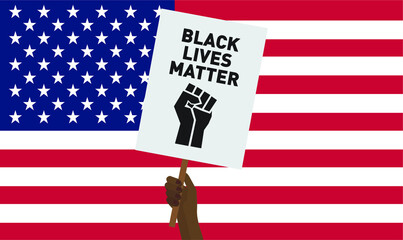 Black lives matter hand holding protest placard on an American flag