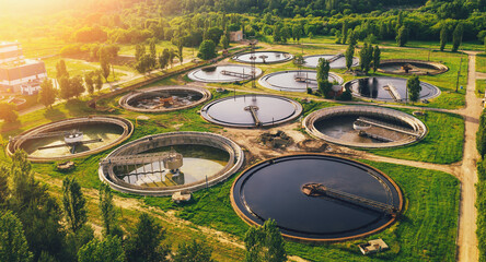 Aerial view of wastewater treatment plant, filtration of dirty or sewage water.