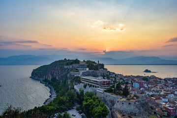 Nafplion aerial view with colorful evening sky. Nauplia seen from above.