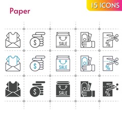 paper icon set. included newsletter, shopping bag, money, voucher icons on white background. linear, bicolor, filled styles.