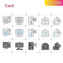 card icon set. included online shop, sale, voucher, credit card icons on white background. linear, bicolor, filled styles.