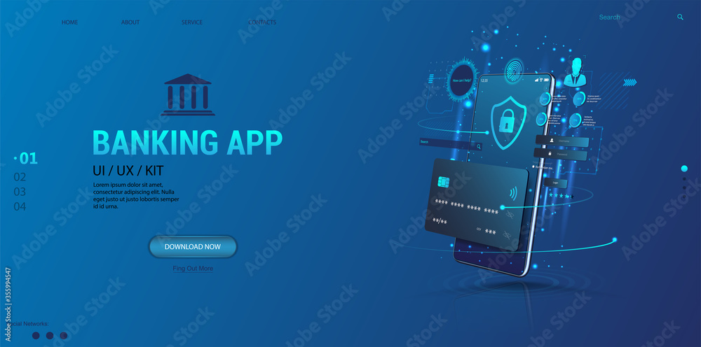 Poster Internet banking app. Mobile phone payment with NFC technology and High level payment security. Wireless cash transaction technology and money storage. Wallet with cards UI App and E-payment. Vector