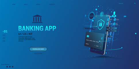 Internet banking app. Mobile phone payment with NFC technology and High level payment security. Wireless cash transaction technology and money storage. Wallet with cards UI App and E-payment. Vector