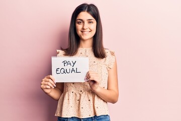 Young beautiful girl holding pay equal paper looking positive and happy standing and smiling with a...