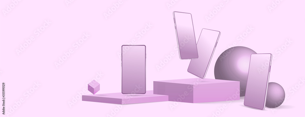 Poster purple presentation composition with smartphones mockup set. mobile phones in different perspective 