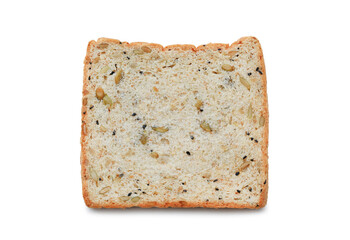 Sliced whole grain bread with seeds isolated on white background. Top view.
