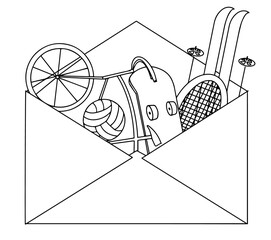 Set of sport and gaming items in a postal envelope. sporting goods. Vector illustration doodle style