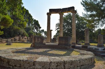 Round shrine of ancient Greek temple at the hellenistic classic era ruins of Olympia in Greece