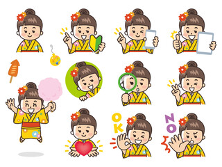 浴衣を着た女の子　夏祭り　祭　イベント　バリエーション