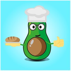 Cute half avocado baker cartoon face character with hat and bread image design